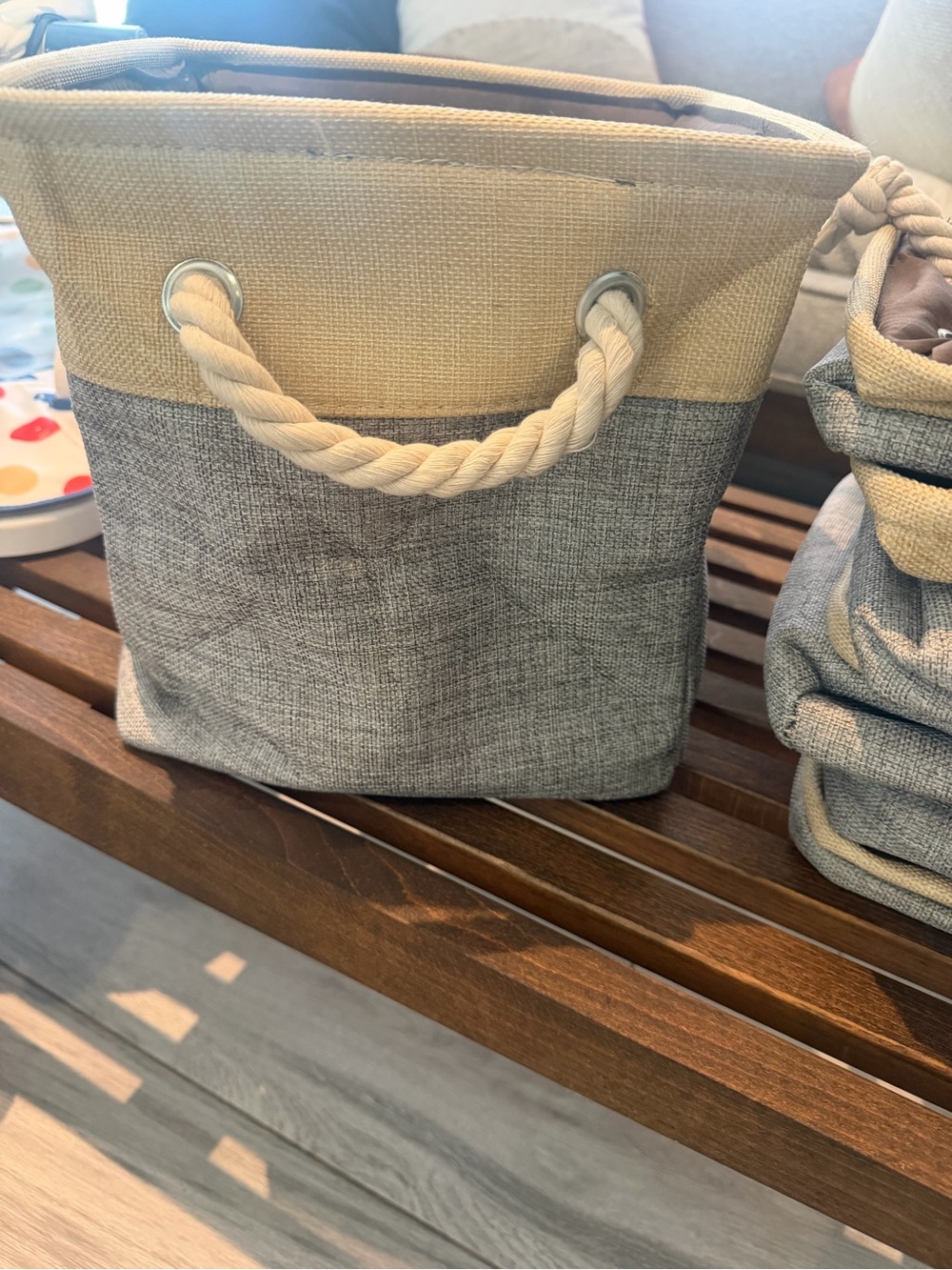Neutral Gray and Cream Fabric Storage Bins with Rope Handles